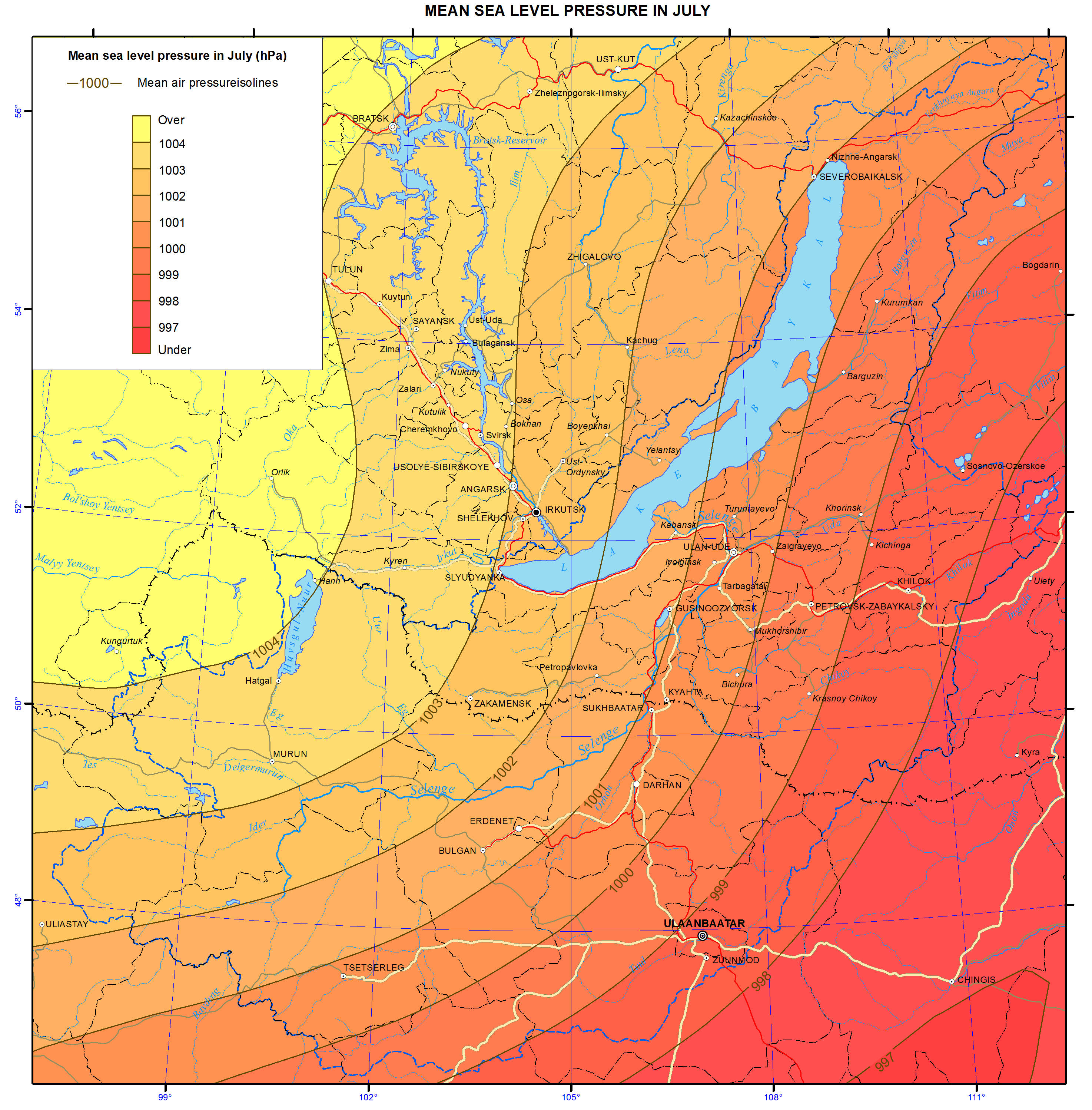 July Map 015. Mean sea level pressure in July map — English