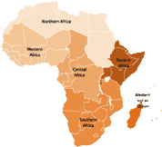 Africa's six (6) sub-regions: Central Africa, Eastern Africa, Northern Africa, Southern Africa, Western Africa and Indian Ocean Islands